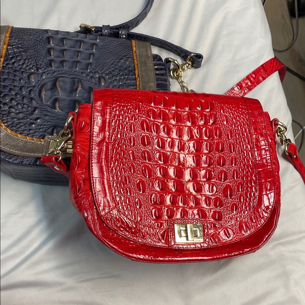 Brahmin Red and Navy Crocodile Embossed Crossbody Bag